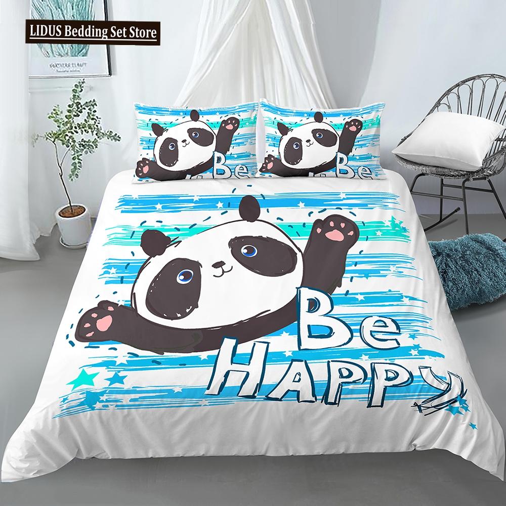 Panda Polyester Duvet Cover Set White Black Cartoon Animals Heart Flowers Printed King Queen Twin Size For Kids Boys Girl Teen