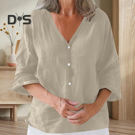 Dámská košile volného střihu s výstřihem do V a 3/4 rukávy, letní top se zapínáním na knoflíky, jednobarevné ležérní tričko pro každodenní nošení