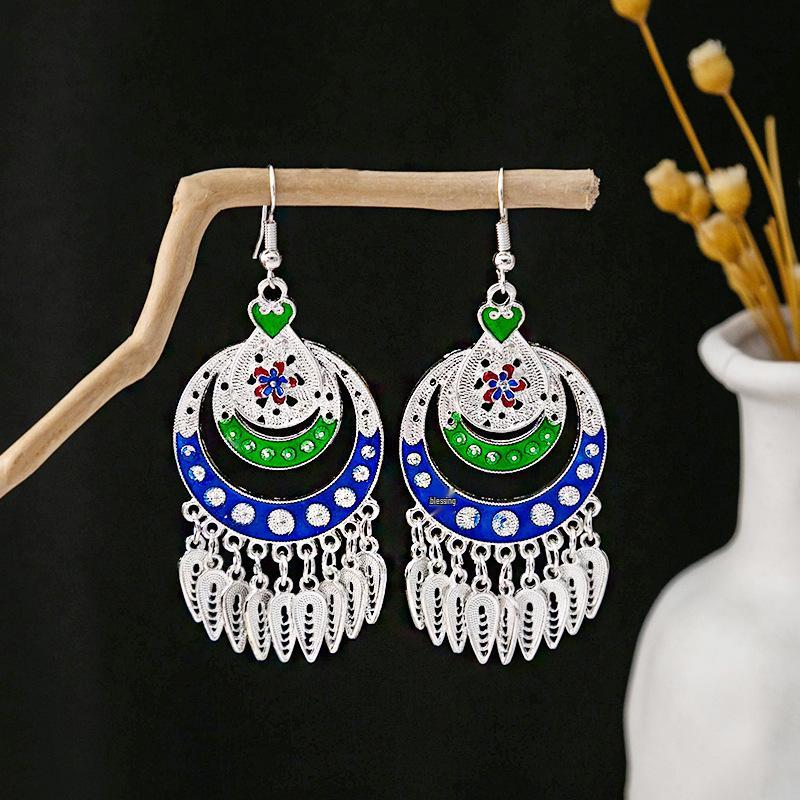 Vintage Ethnic Miao Silver Teardrop Tassel Earrings