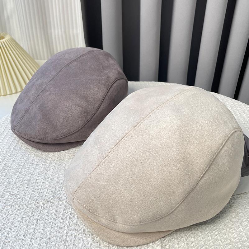 Retro Suede Newsboy Hat Japanese Simple Solid Color Versatile Forward Hat Autumn and Winter Warm Duck Cap