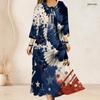 Women Plus Size Two Piece Dress Set Tie Neck Three Quarter Sleeve Firework Printed Dark Blue Long Dress