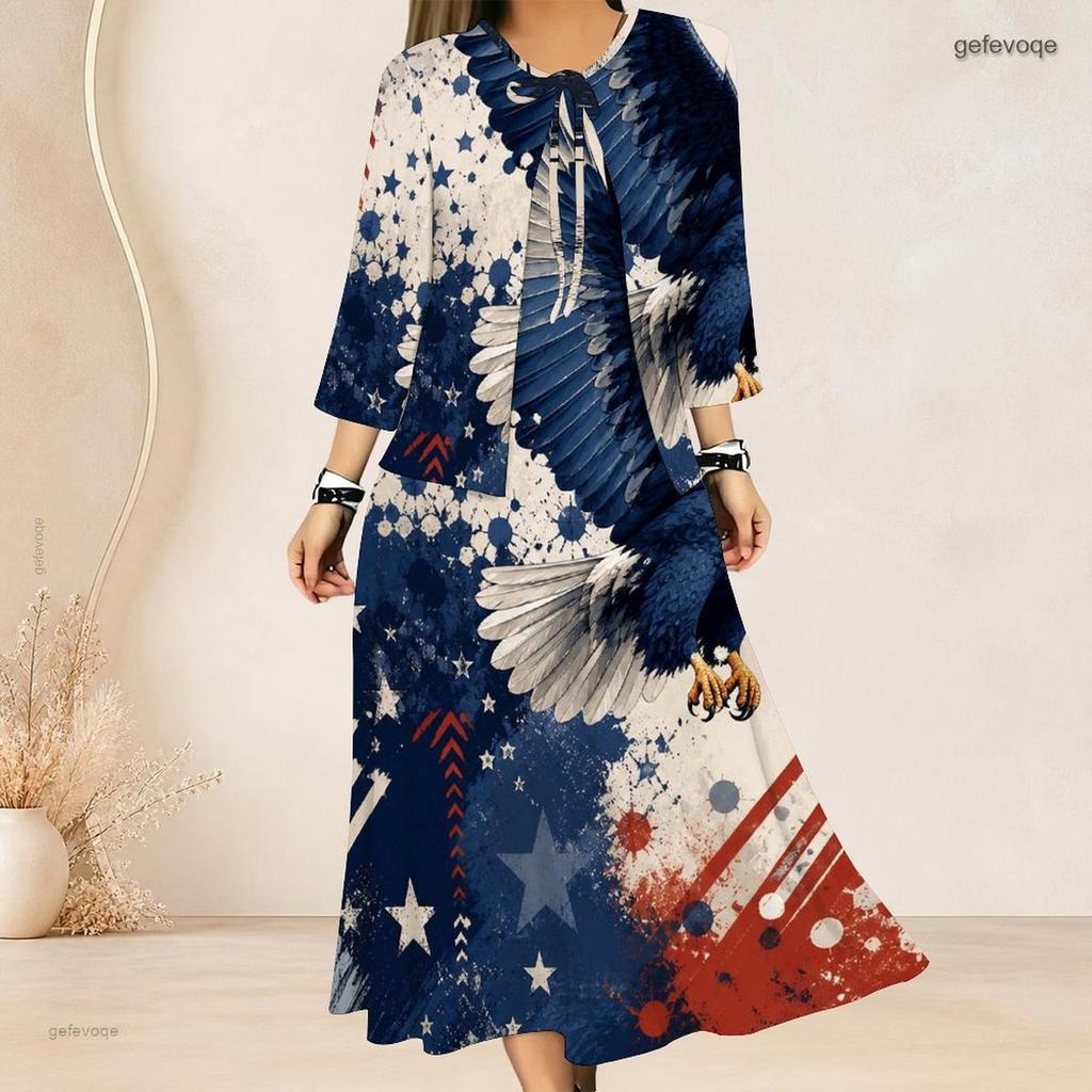 Women Plus Size Two Piece Dress Set Tie Neck Three Quarter Sleeve Firework Printed Dark Blue Long Dress