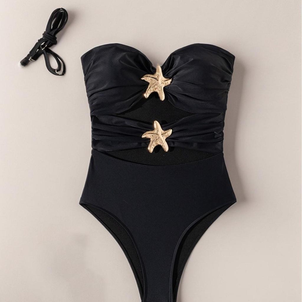 2025 European & American Solid Color Spaghetti Strap One-Piece Bikini for Women