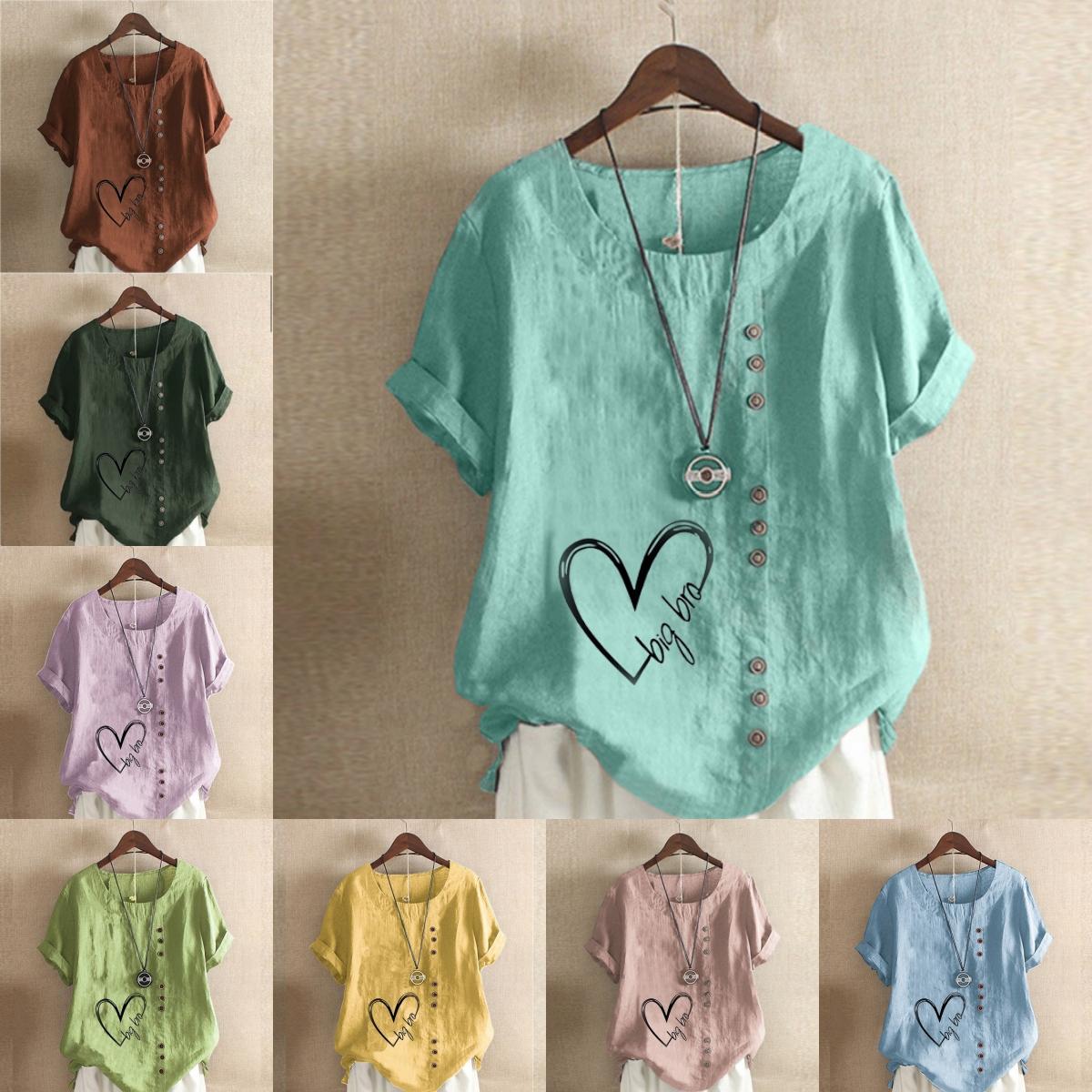 

Women s Fashion Round Neck Short Sleeve T-shirt Casual Cotton Linen Graphic Shirt Big Bor Heart Prined Summer Blouse Tops Plus Size