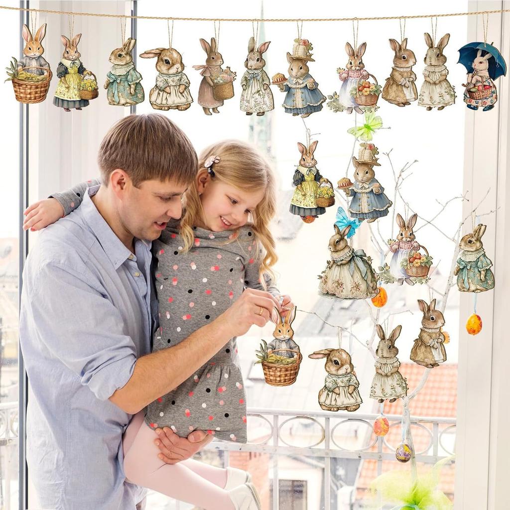 Easter Wooden Rabbit Flower Basket Ornament Spring Hanging Pendant Wooden Happy Rabbit Ornament Pendant