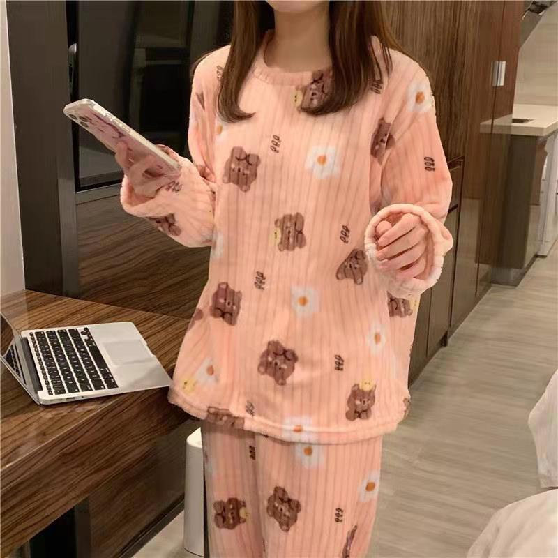 

Women s Winter Coral Fleece Pajama Set - Thick, Warm, Round Neck, Mid-Length Casual Homewear One Size (80-140 jin) розовый