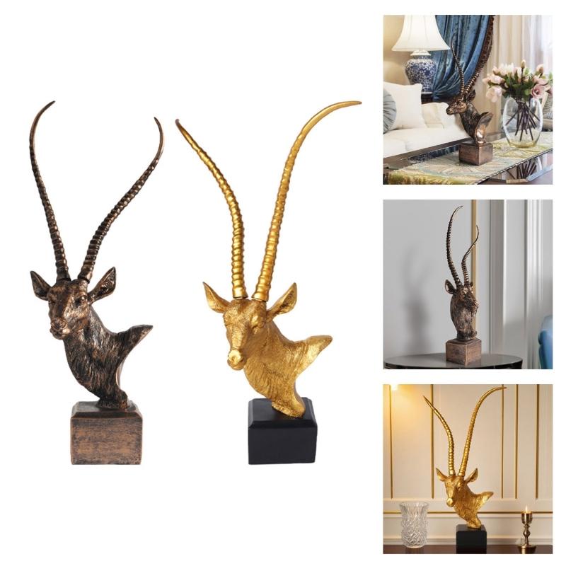 Modern Resin Antelope Head Sculpture with Base for Farmhouses Home Office Living Room Bookshelves Decorative Ornament