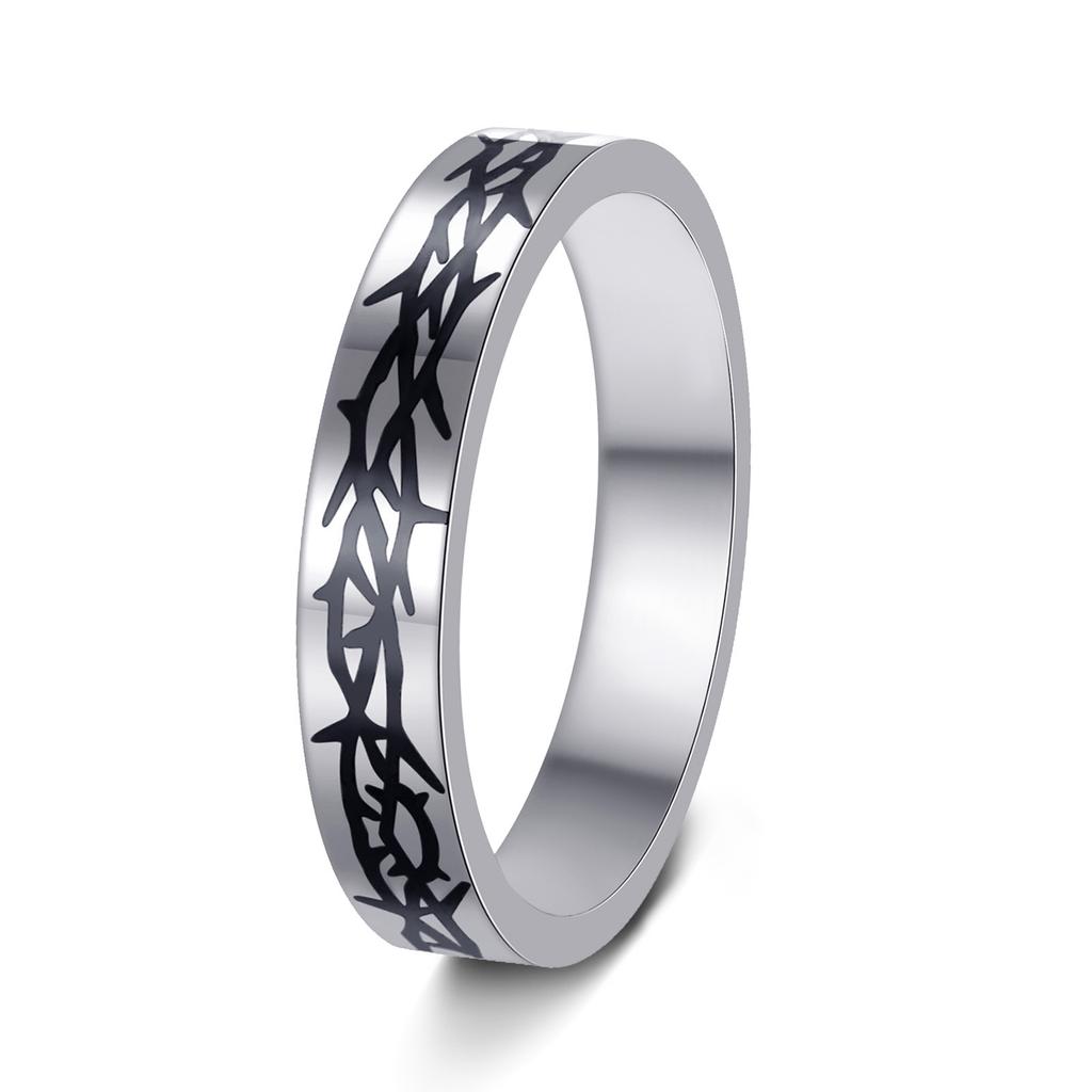 4MM Women Stainless Steel Rings for Engagement Wedding Band Jewelry Thorns Print Polished Titanium Steel Rings Gift