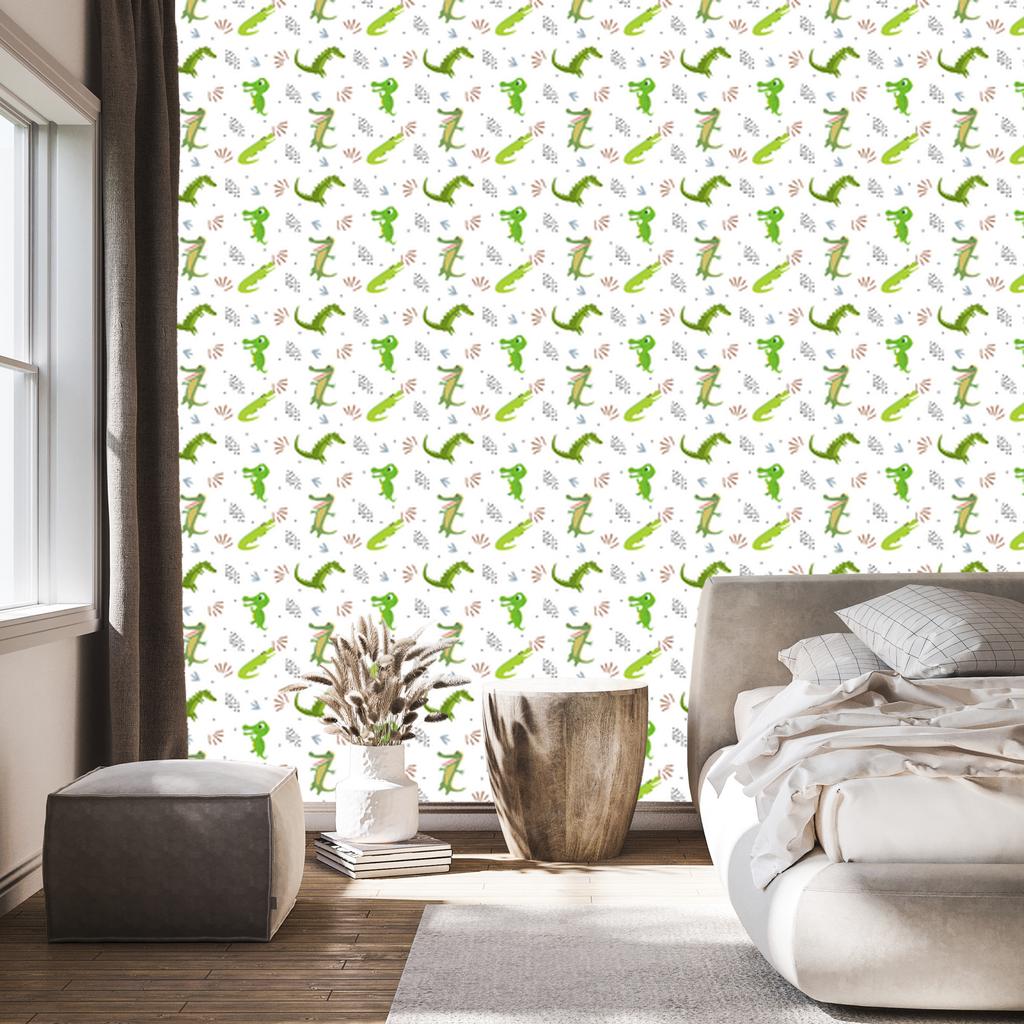 Crocodile wallpaper white, lime and light gray 50x1000