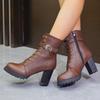 Large size lace-up fashion boots autumn and winter new high-heeled side zipper buckle belt low tube round head women's boots