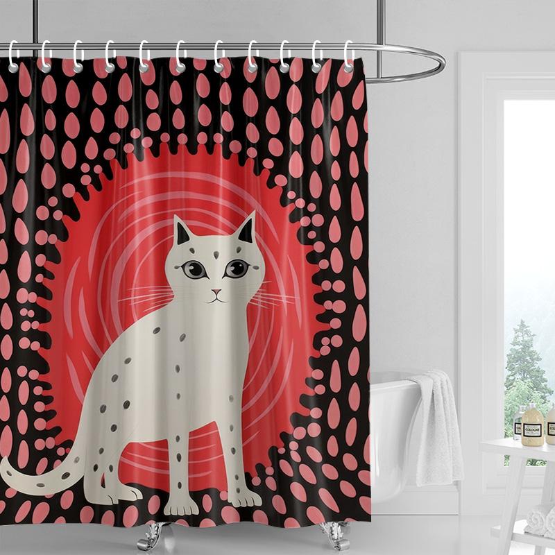 Pink Cat Shower Curtain, Black Spots & Multicolor Dots Design, Waterproof Bathroom Decor For Modern & Playful Homes