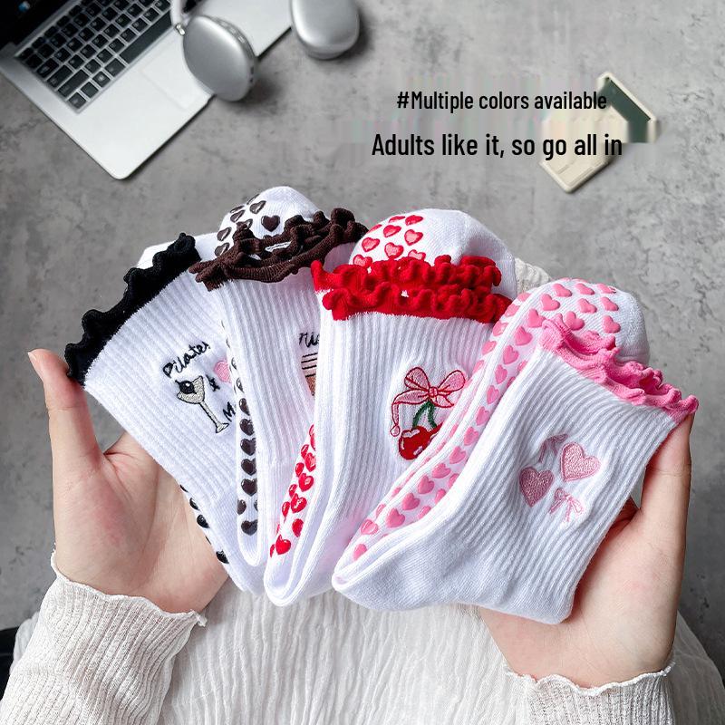 Women's Mid-Calf Yoga and Pilates Non-Slip Socks with Cartoon Shark Embroidery