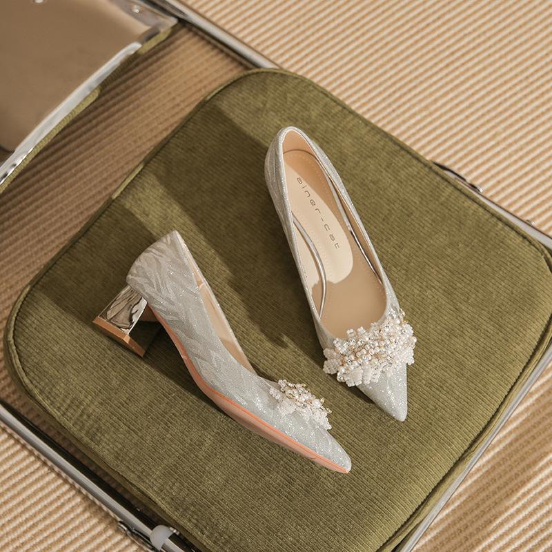 

550-5 pointed high heels women s spring 2025 new versatile crystal bridal wedding shoes light mouth thick heel single shoes 39