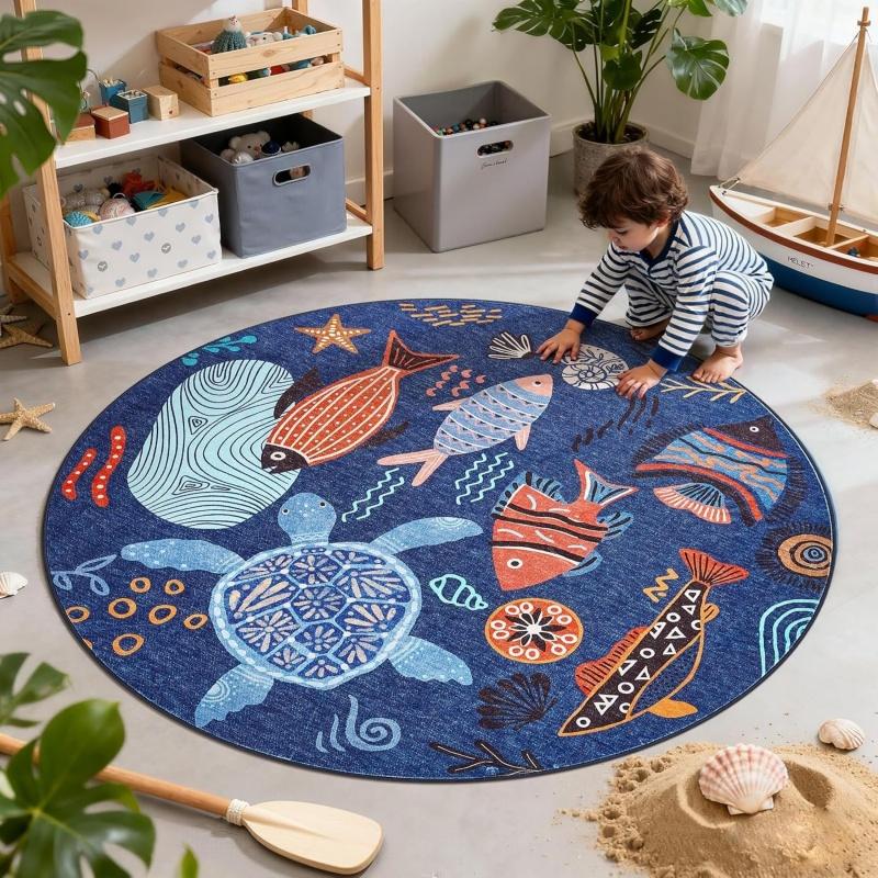 Unterwasser Meeresschildkröte Fisch Runder Teppich Rutschfeste Fußmatte für Kinderzimmer Spielzimmer Meeres-Thema Dekoration