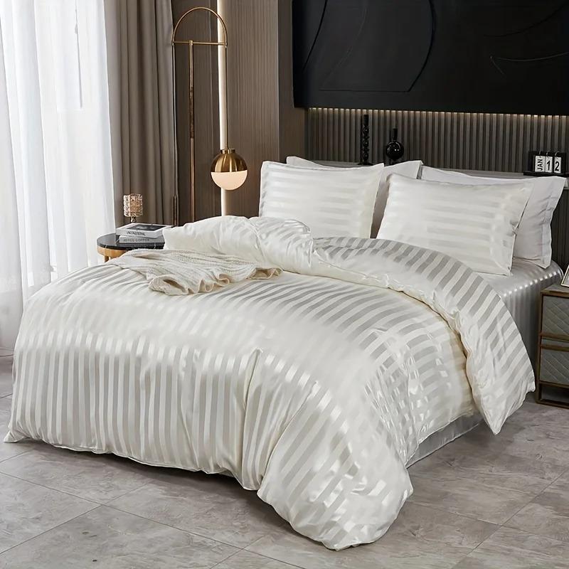 3 pieces of simple and classic satin striped duvet cover set, suitable for bedrooms, dormitories and hotels, holiday gifts