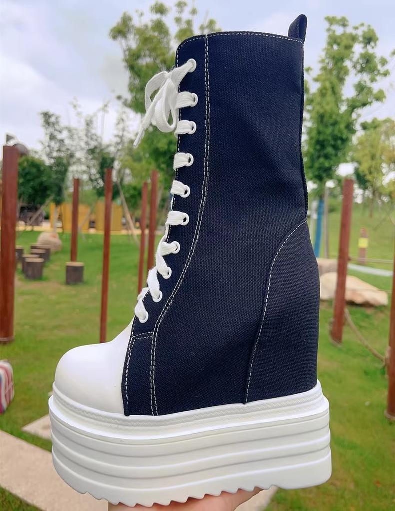 14CM Denim Women Spring Ankle Boot High Brand Platform Wedge Autumn High Brand Skateboard Breathable Shoes