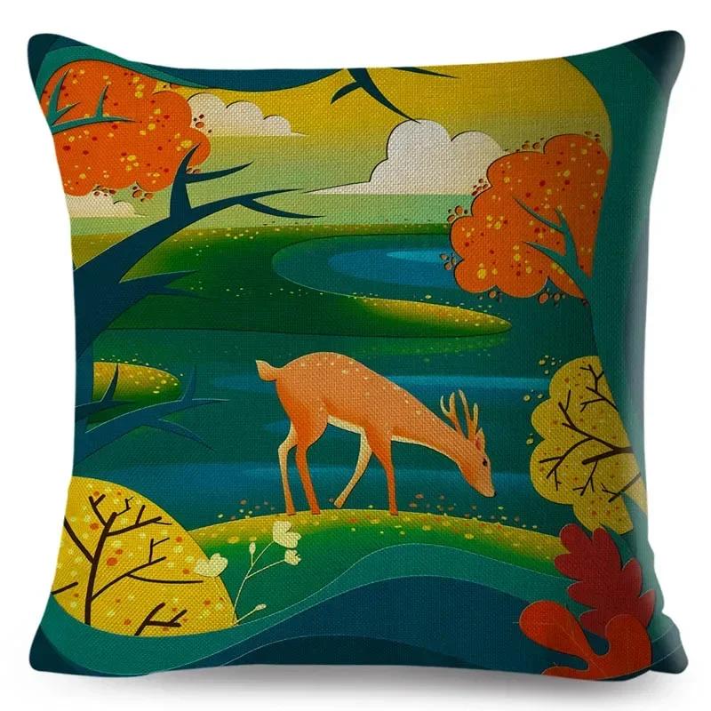 Beautiful Cartoon Deer Pillowcase Square Animal Linen Cushion Car Bedroom Sofa Seat Decorative Pillowcase 45*45Cm