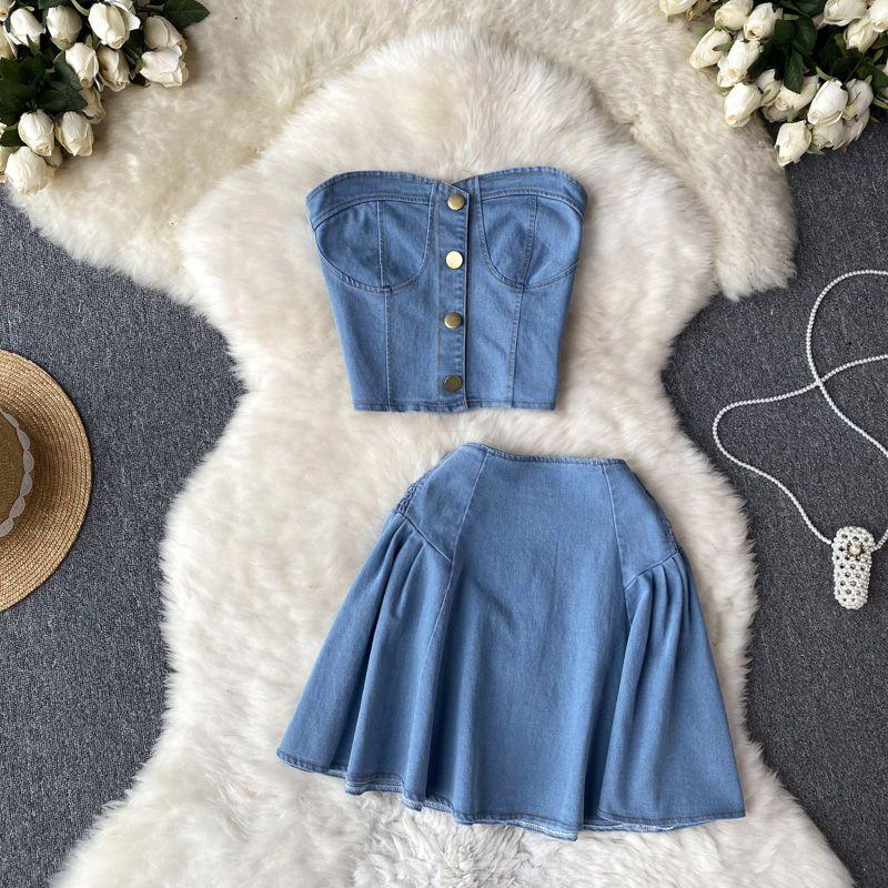

Sweet Cool Sexy Denim Tube Top Vest A- line Suit Skirt Light blue S
