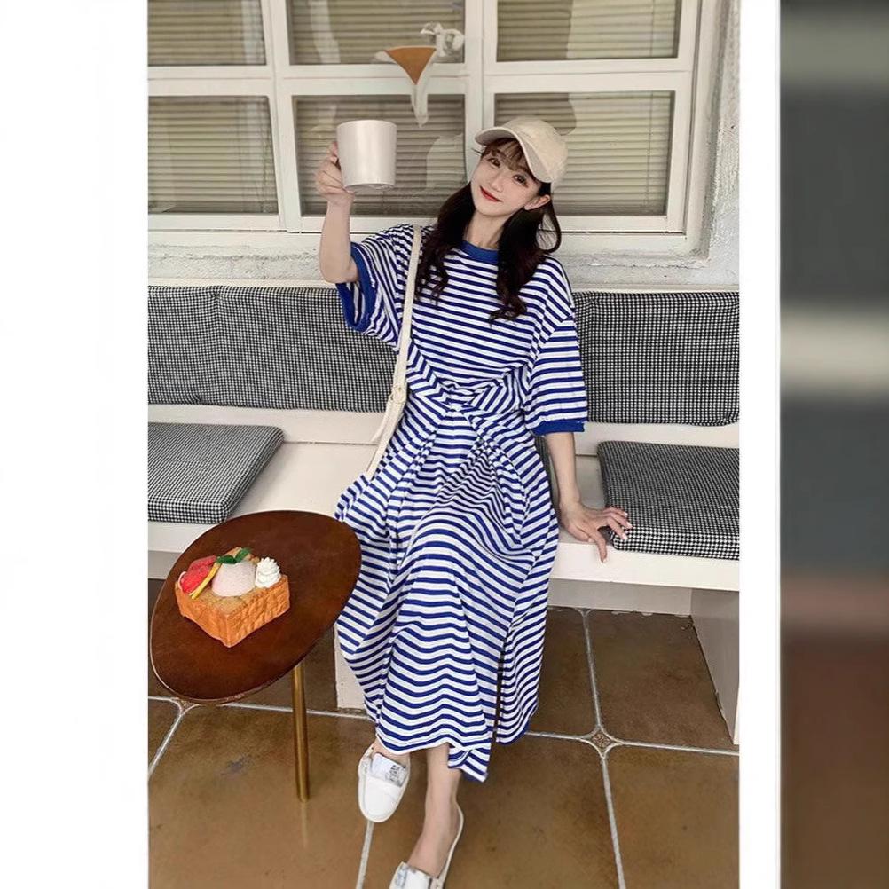 

Summer 2025 French Stripe Mid-Length Short Sleeve Over-the-Knee T-Shirt Dress XXL синий