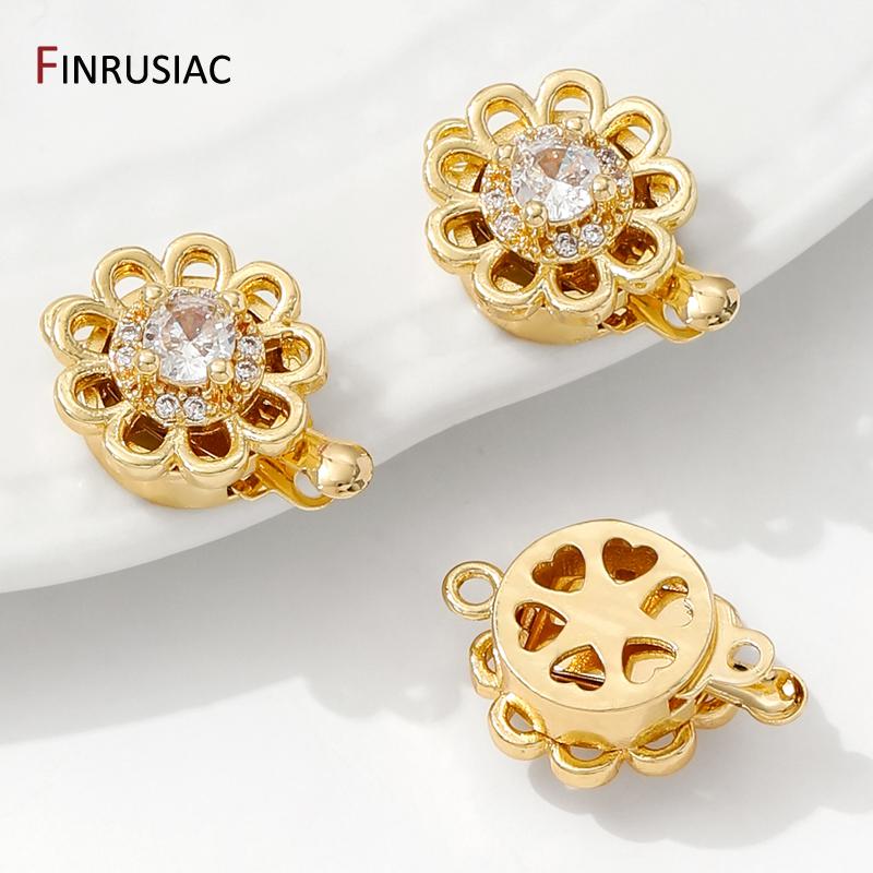 14K Gold Plated Brass Flower Insert Clasps Fasteners,Inlaid Zircon Layered Clasps Connectors For DIY Jewelry Making Supplies