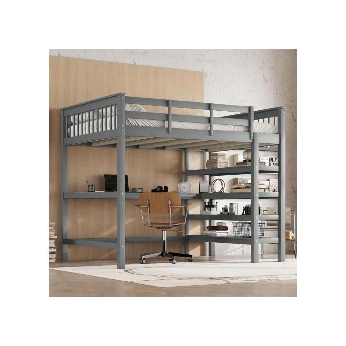 Lit surélevé pour enfants - MUVOE - 140 x 200 cm - Bureau intégré - Rangement sous le lit - Gris
