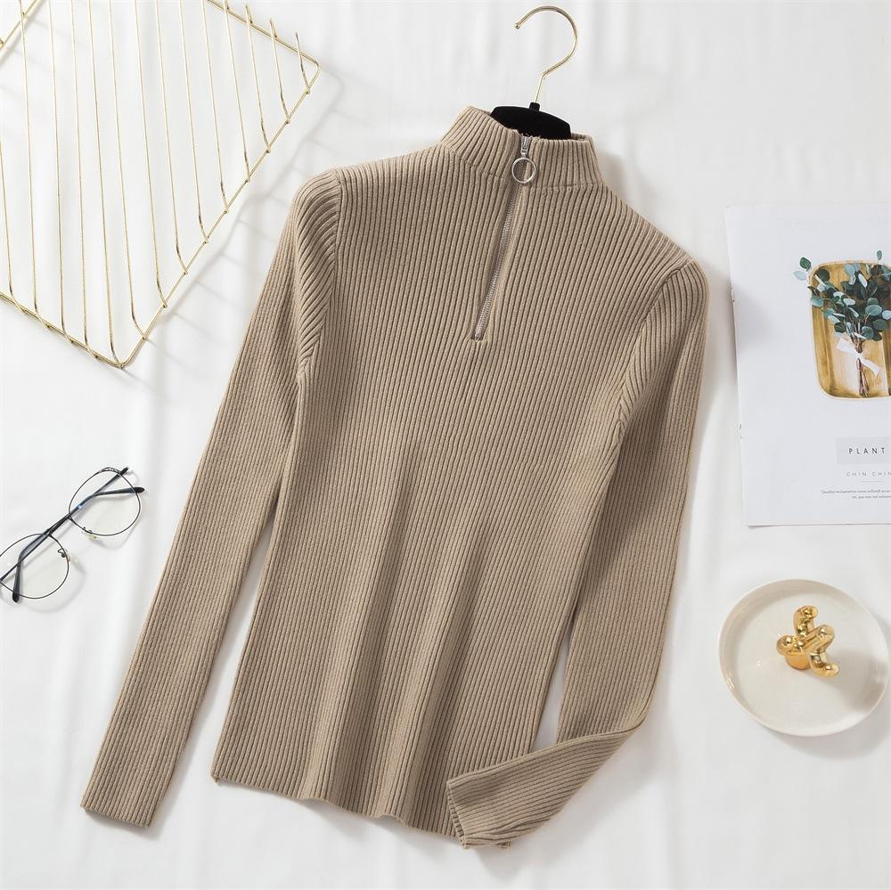 Autumn and Winter Sweater Women's Half Turtleneck Ring Zipper Slim Outer Wear Long-sleeved Mid-neck Bottoming Shirt Knitted Sweater Top