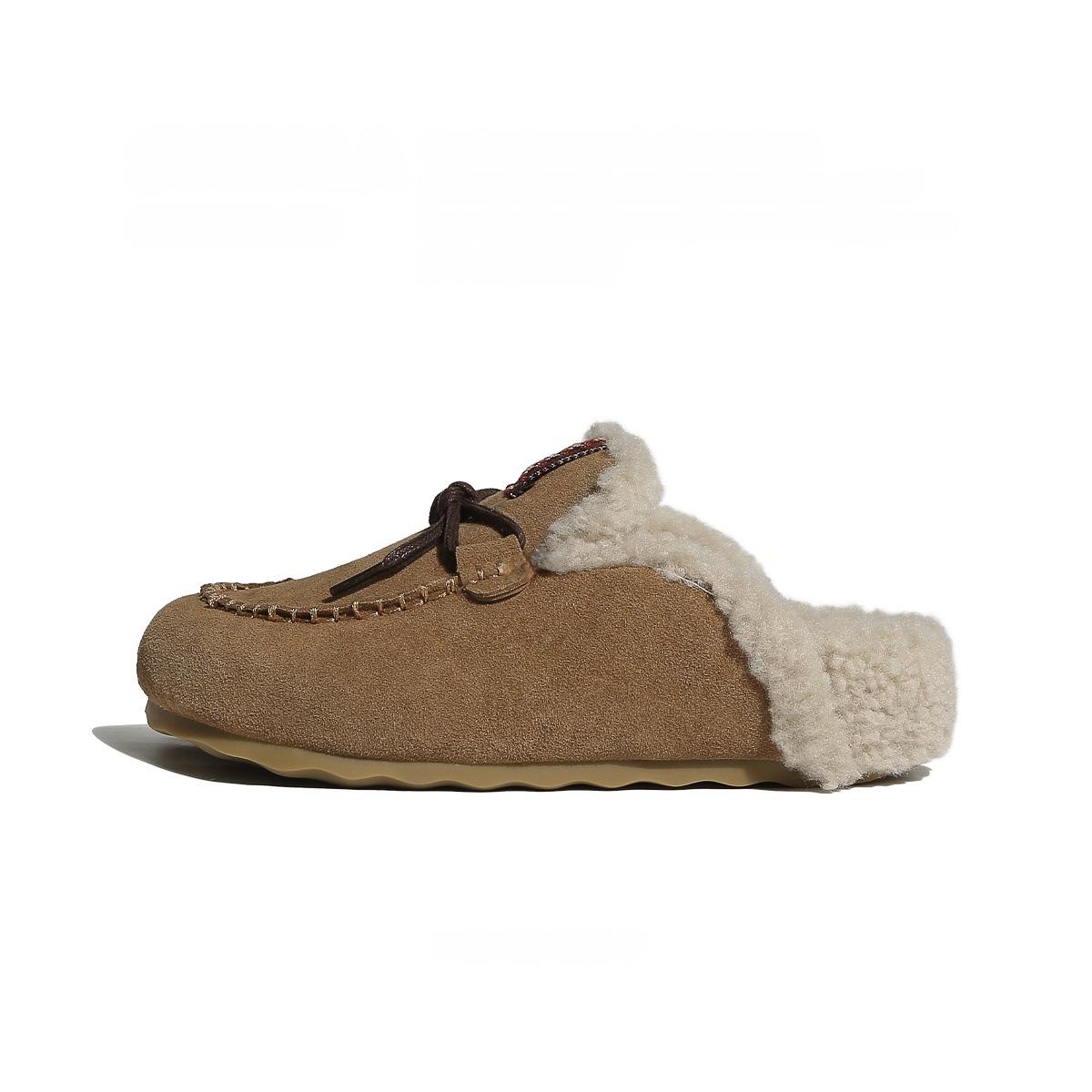 

Soft leather version~ thick-bottomed velvet baotou half-drag women 2025 winter new Mori retro versatile Birkencotton slippers 40