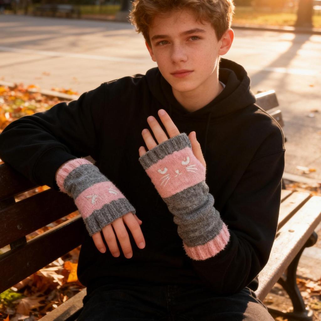 Thermal Winter Gloves Warm Cute Cat Fingerless Gloves Unisex Anti-Cold Thickened Touchscreen Mittens