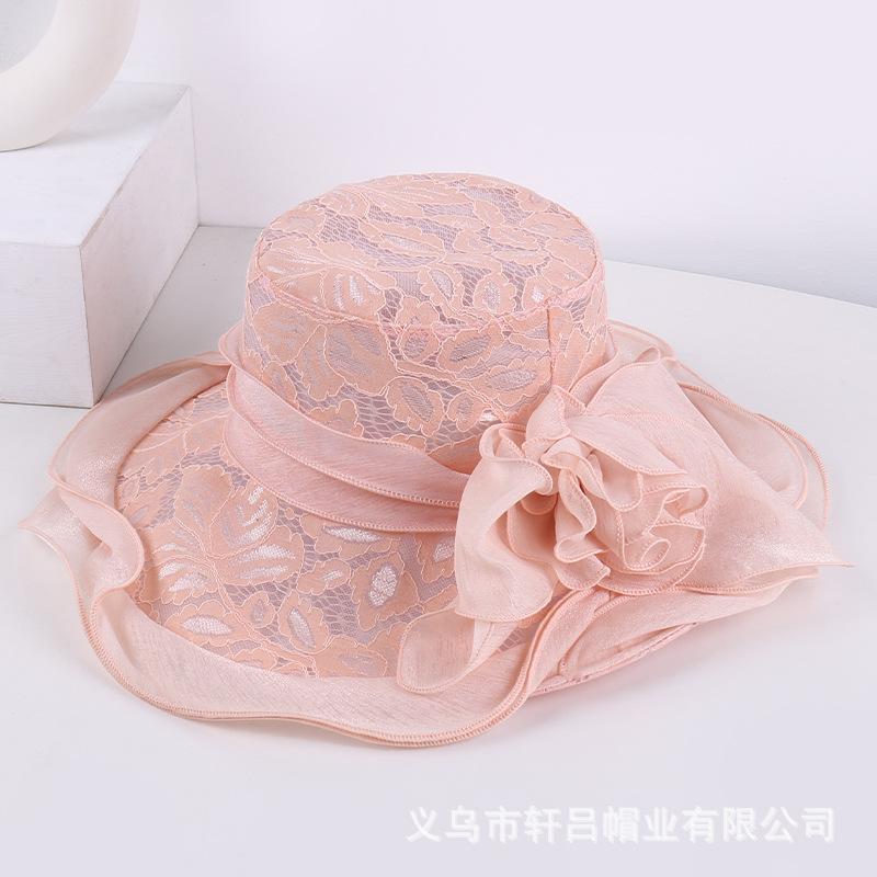 European and American breathable bucket hat fashion lace sun hat women's summer thin foldable mesh flower big brim top hat