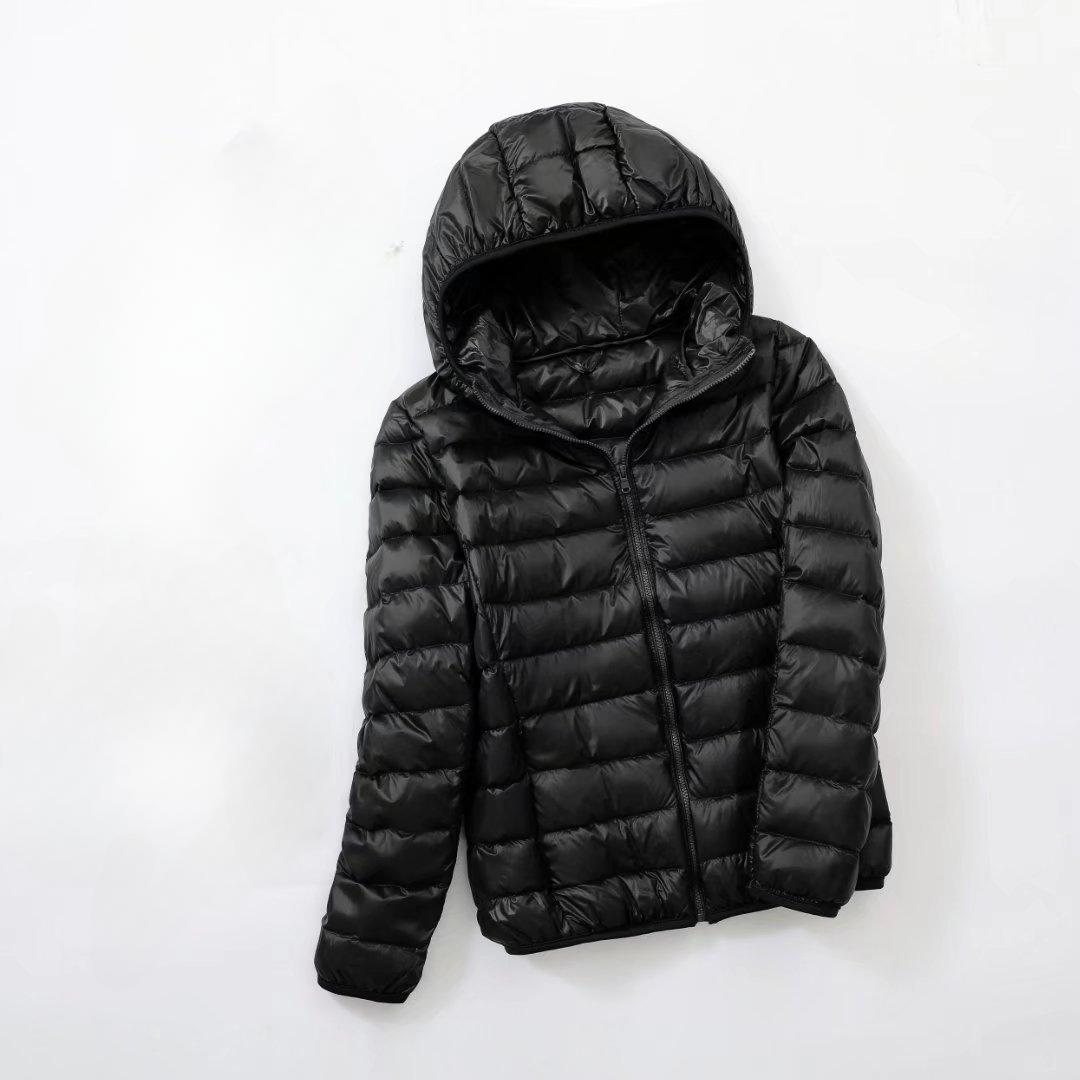 

Ультралегкий тонкий жіночий пуховик великого розміру осінь-зима Тонкий короткий з капюшоном Теплий білий жіночий верхній одяг на качиному пуху XL чорний