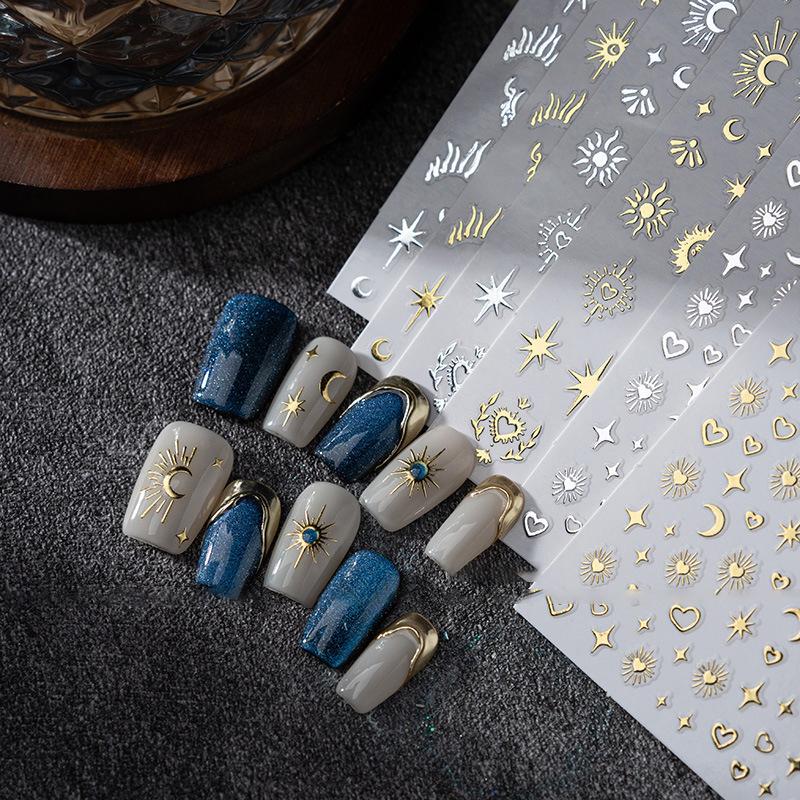 1Pc Bronzing Heart-Shaped Nail Stickers Gold And Silver Laser Butterfly Star Moon Glue Slider Diy Nail Accessories Decoration