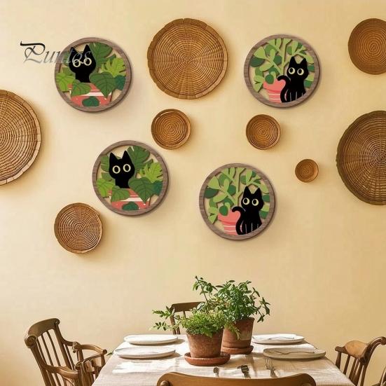 Regalos para Amantes de los Gatos 4 Piezas Arte de Pared Boho Negro, Cartel de Madera Colgante Floral de Granja, Arte Inspirado en la Naturaleza Botánica Decoración de Gatito, Cartel de Madera de Hojas