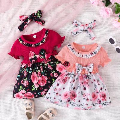 2025 Summer Infant & Toddler Peter Pan Collar Floral Ribbed Knit Dress with Bowknot