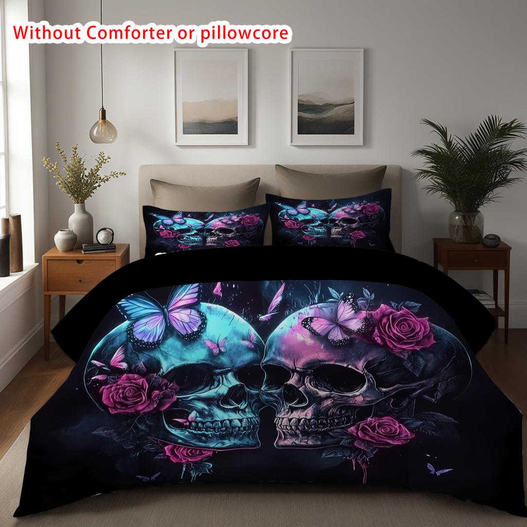 3D-gedrucktes schwarzes Totenkopf-Skelett-Bettwäscheset Bunte Vintage-Rosen-Bettbezug Luxuriös Weich Zuhause Hippie-Stil Bettbezugsets