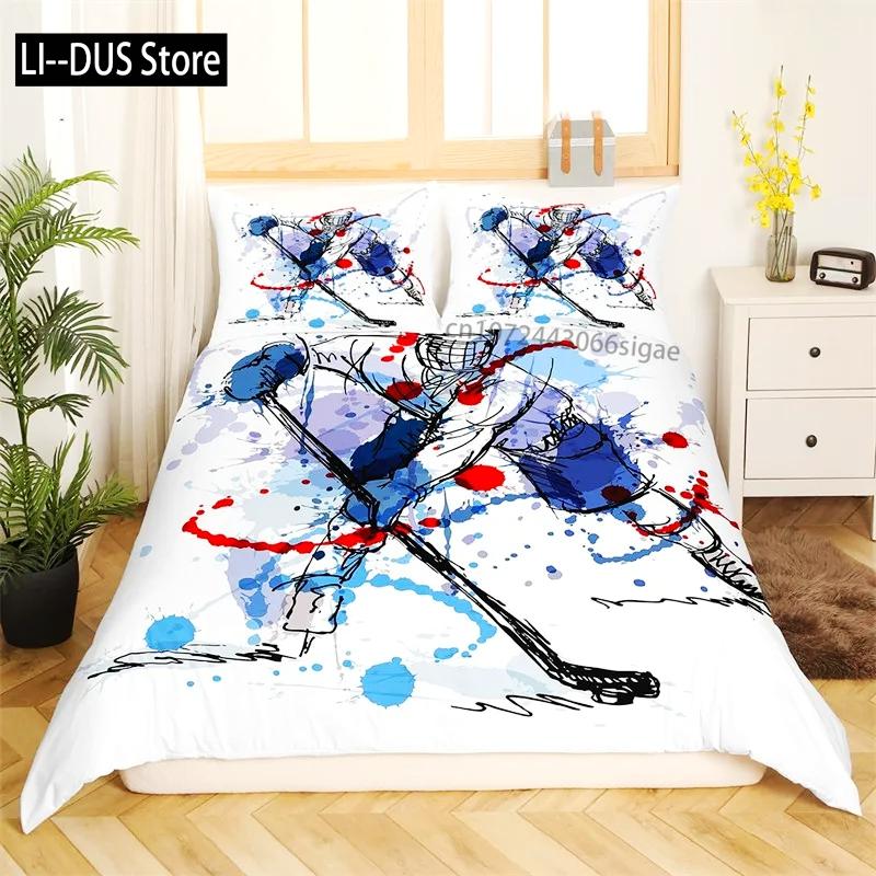 Kids Ice Hockey Duvet Cover Full Hockey Player Pattern Bedding Set Winter Sports Theme Quilt Cover for Youth Teen Boy Room Decor