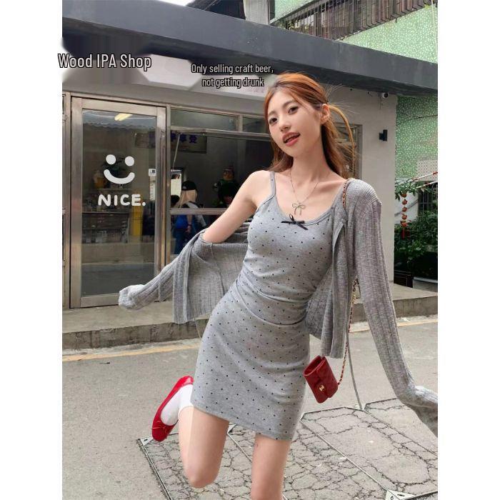 Spicy Girl Polka Dot Spaghetti Strap Dress: Women s Chic Color Block Bow Waist-Cinched Elegant Short Skirt for Summer Small