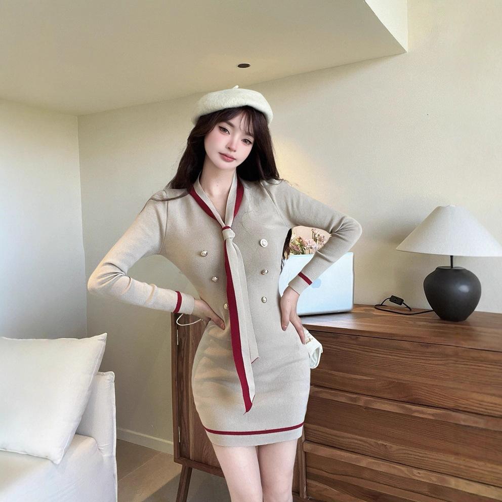 Autumn new temperament socialite Xiaoxiangfeng long-sleeved dress for women, waist and thin knitted hip-wrapped short skirt for women