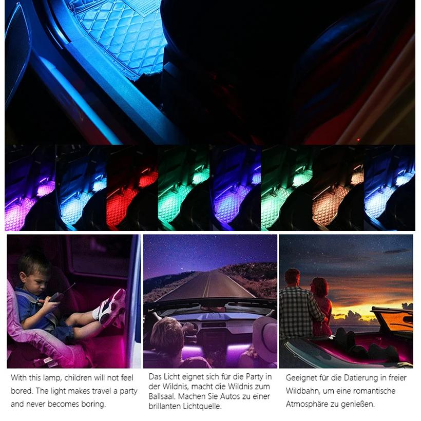 LED Car Foot Light Ambient Lamp With USB Wireless Remote Music Control Multiple Modes Automotive Interior Decorative Lights