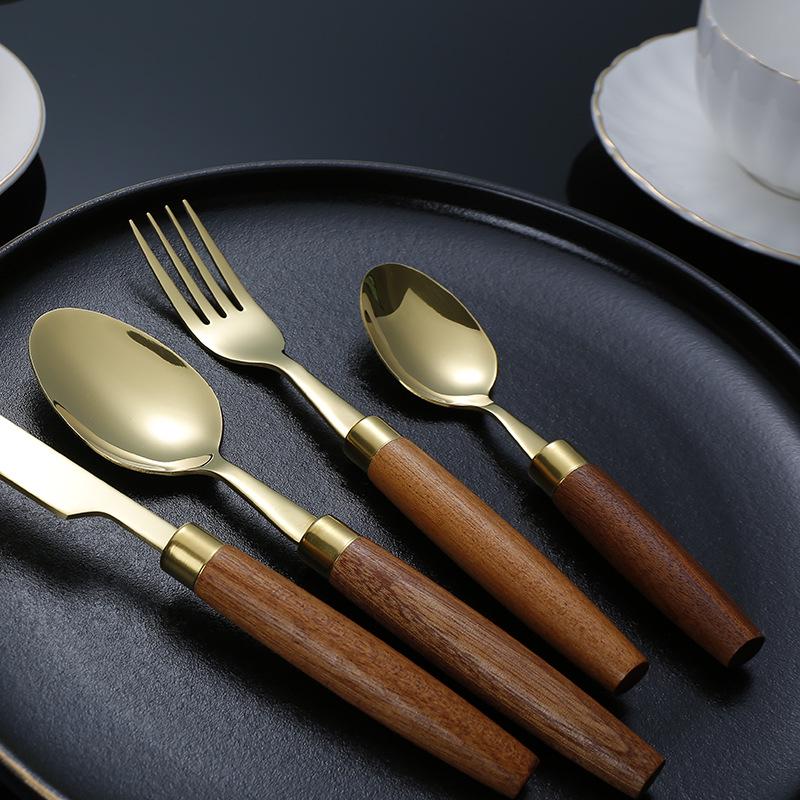 Cylindrical Wood Handle 304 Stainless Steel Cutlery Set: Knife, Fork, Spoon for Main Course & Dessert