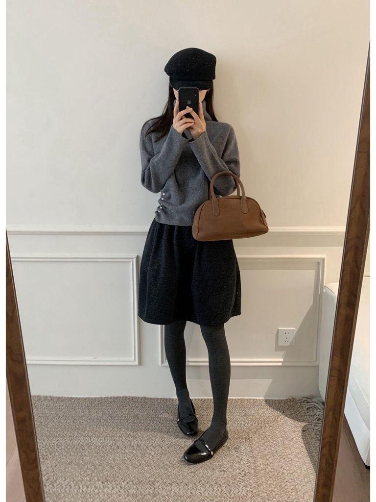 Korean Black Wool Blend A-Line High Waist Skirt for Women - Autumn/Winter