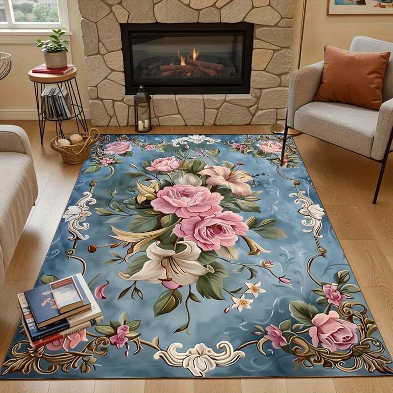 

VIKAMA Elegant Blue Floral Pattern Rug Soft Comfortable Floor Mat Suitable For Living Rooms, Bedrooms, Hallways Home Decor 50x80cm