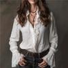 Women Lace Trim Button Up Shirt Long Sleeve V Neck Ruffle Cuff Elegant Casual Blouse Top Spring Summer
