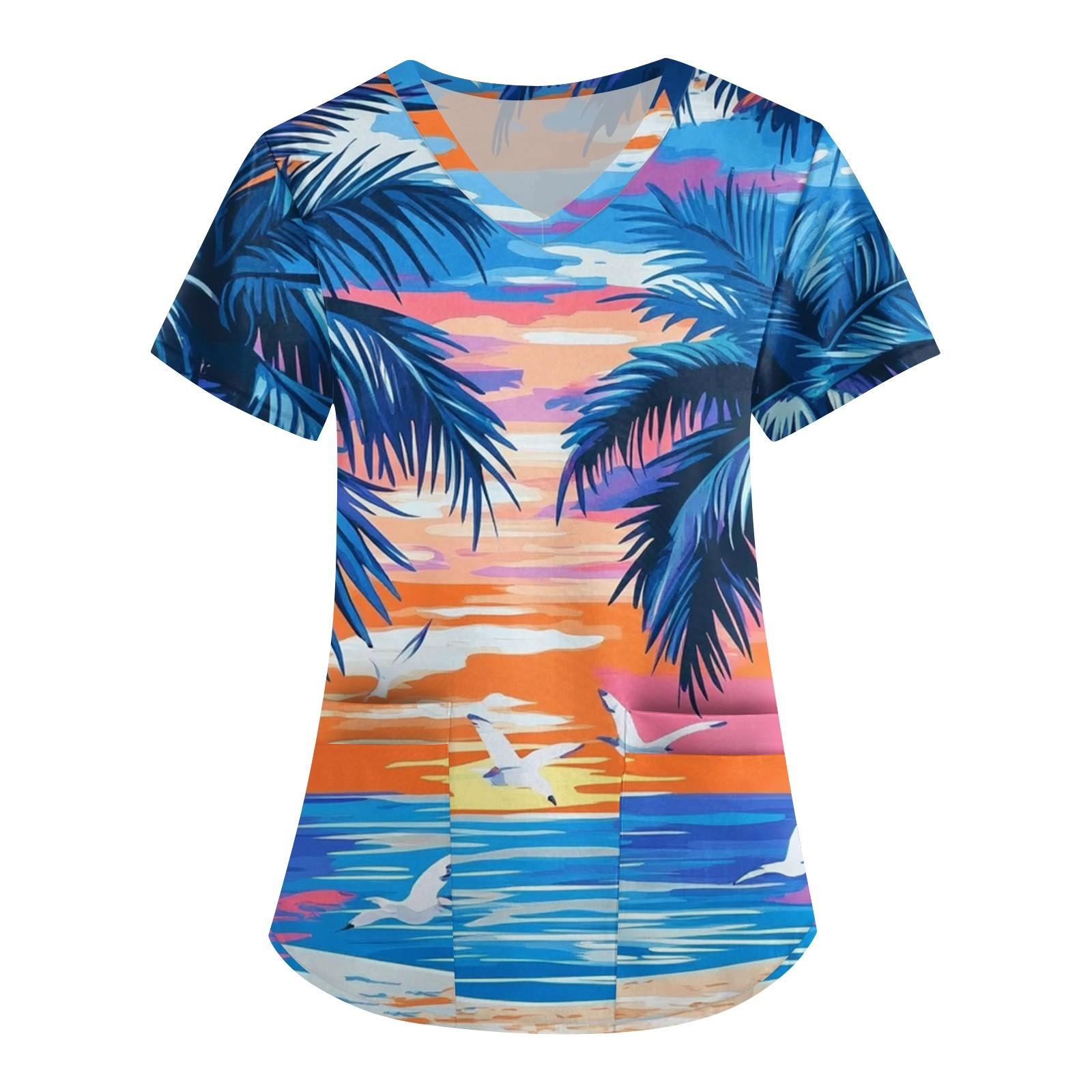 

Женская мода V-образный вырез с короткими рукавами рабочая одежда с карманом гавайский принт топ костюм для ухода L