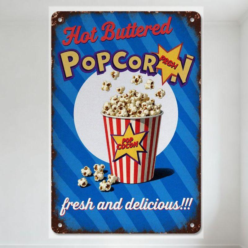 

Vintage Hot Buttered Popcorn Metal Tin Sign with Starburst Logo - Rustic Retro Wall Decor for Cafe Restaurant Home Bar Man Cave 20x30cm（7.8x11.8inch）