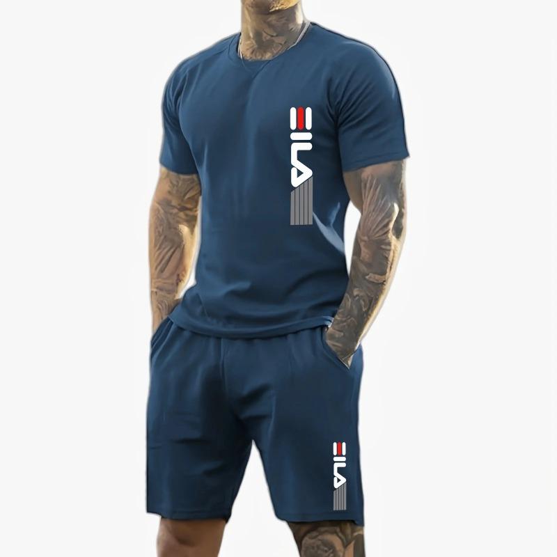 summer new casual sports suit Fashion breathable outdoor men s short-sleeved T-shirt + training shorts two-piece set S