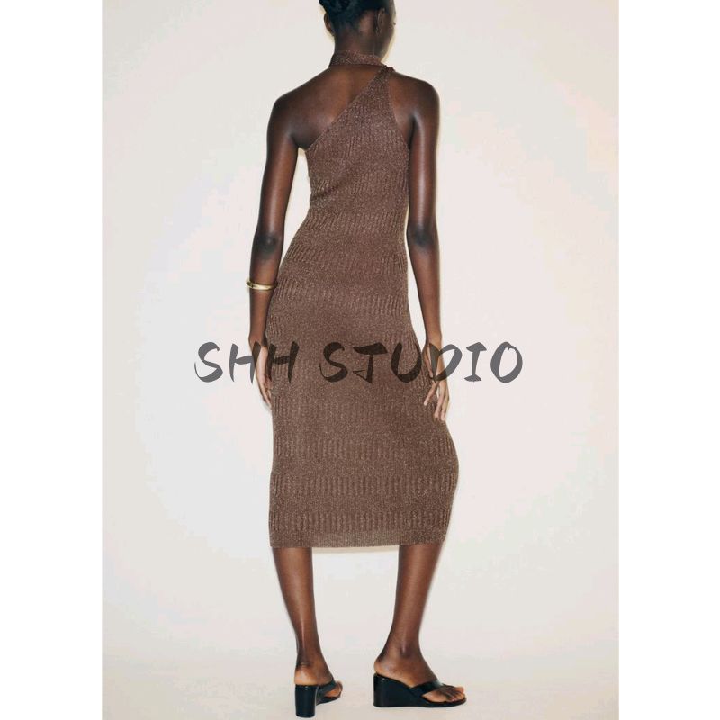 Summer Women's French off-the-Shoulder Design Metal Yarn Asymmetric Collar Midi Skirt Dress 5063802