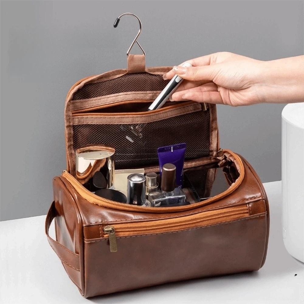 PU Leather Cosmetic Makeup Bag Waterproof Hanging Toiletry Bag Vintage Travel Wash Bag Outdoor