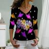 Plastic Flowers Print Women Tshirts Ladies Tops Long Sleeve V-neck Pullover Femme T-shirts T Shirt For Women
