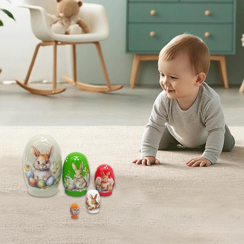 Wooden Nesting Dolls, 5-Piece Hand-Painted Russian Style Spring Rabbit Figurine for Dining Table Holiday Home N5J7