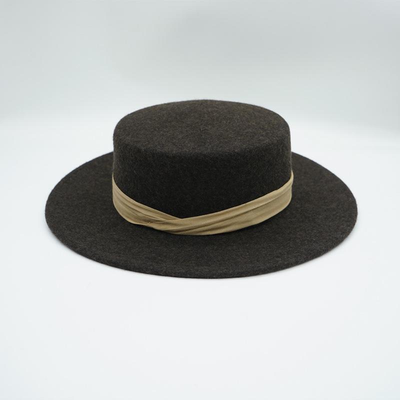 Японский Коричневый Кофе Хлопок и Лен Шерсть Шерстяная Плоская Вершина Цилиндр Женский Осень и Зима Французский Ретро Элегантный Британский Фетр Простой